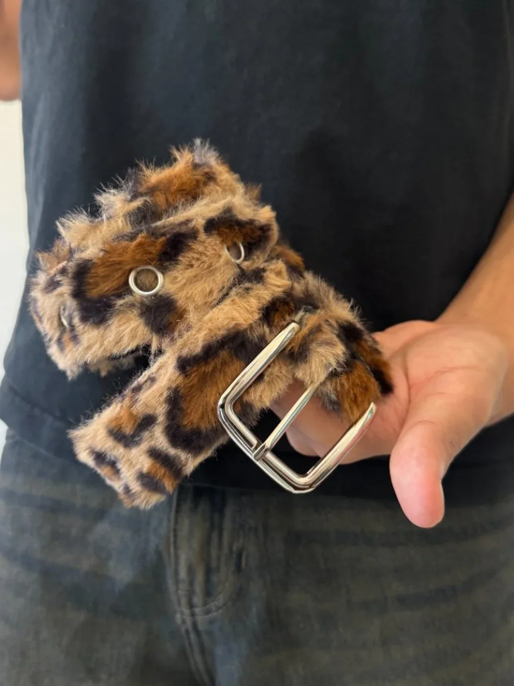 Plush Leopard Faux Fur Silver Buckle Belt